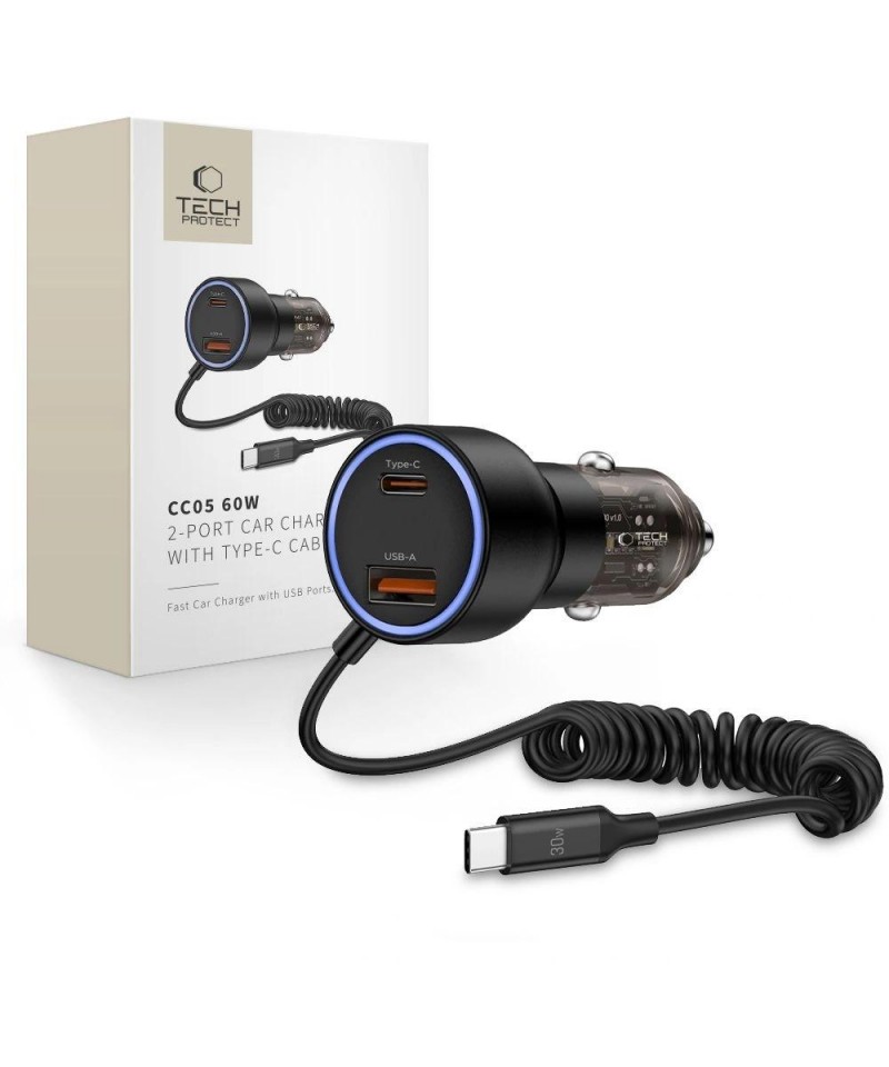 CC05 Car Charger 2-Port PD60 W + USB-C Cable - Black