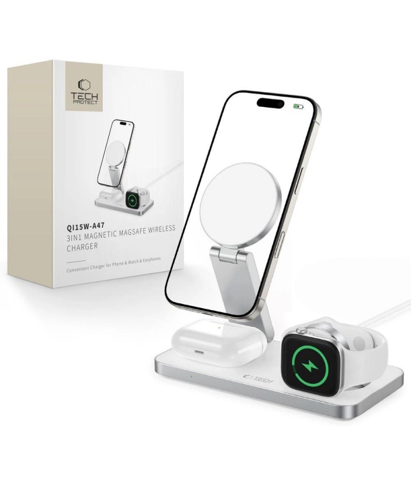Tech-Protect QI15W-A47 MagSafe 3in1 Inductive Charger + USB-C Cable - White
