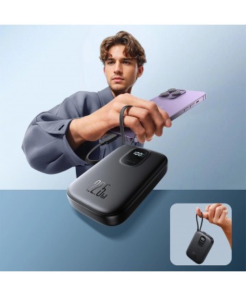 Joyroom JR-PBF18 22.5W 10000mAh Powerbank with Built-in Lightning Cable + USB-C Cable 0.25 cm - Black