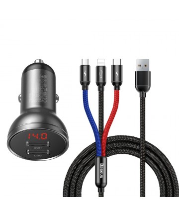 Baseus 2x USB 4.8A 24W car charger with LCD + 3in1 cable USB - USB Type C / micro USB / Lightning 1.2m black (TZCCBX-0G)