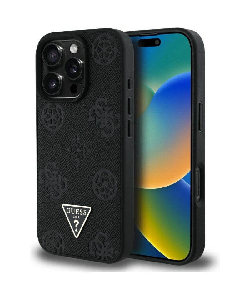 Guess Grained Hot Stamp Peony Triangle Logo MagSafe Case for iPhone 16 Pro - Black