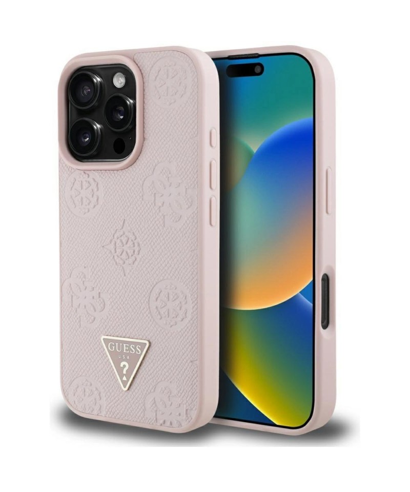 Guess Grained Hot Stamp Peony Triangle Logo MagSafe iPhone 16 Pro Max Case - Pink