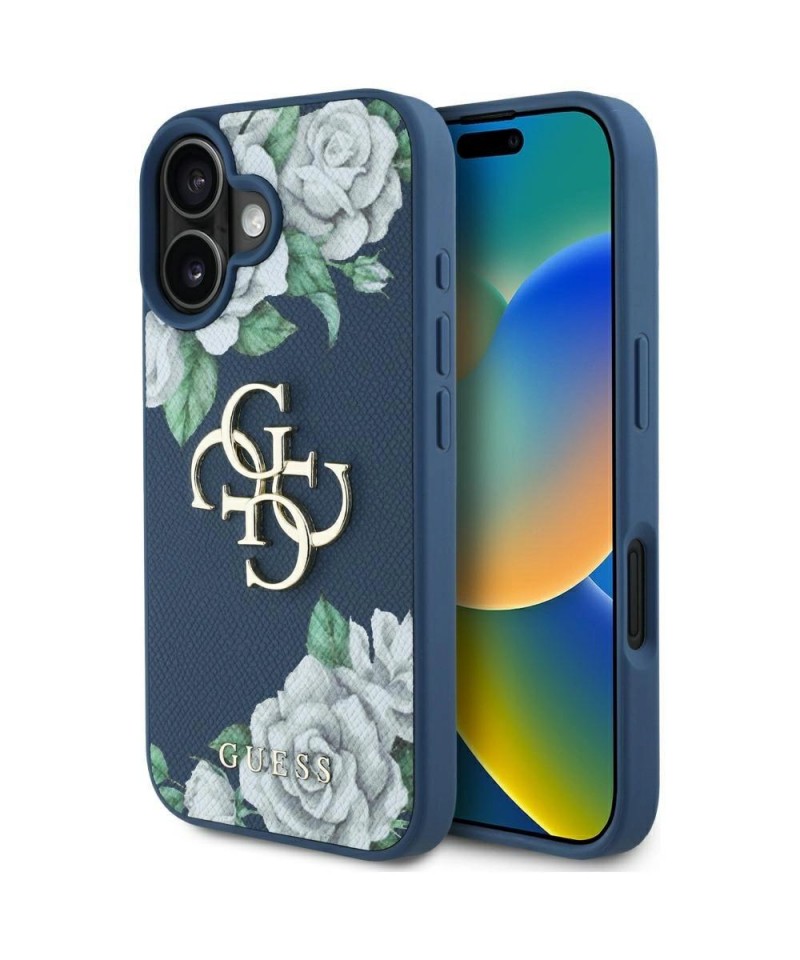 Guess Grained Roses Big 4G logo case for iPhone 16 - blue