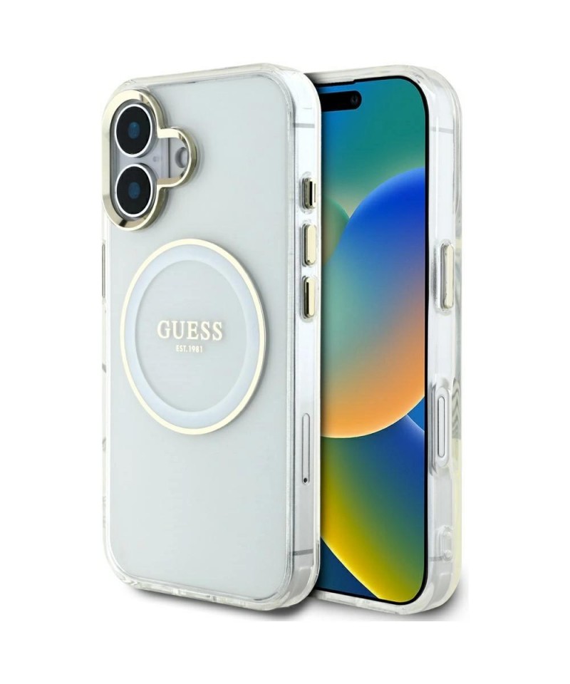 Guess IML Metal Colored Circle Classic Logo MagSafe case for iPhone 16 - white