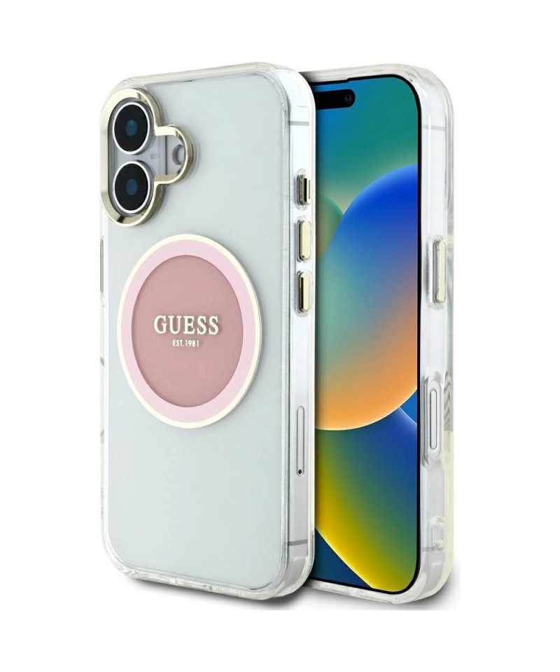 Guess IML Metal Colored Circle Classic Logo MagSafe iPhone 16 Case - Pink