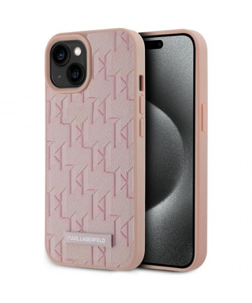 Karl Lagerfeld Leather Monogram Metal Logo MagSafe iPhone 15 Case - Pink