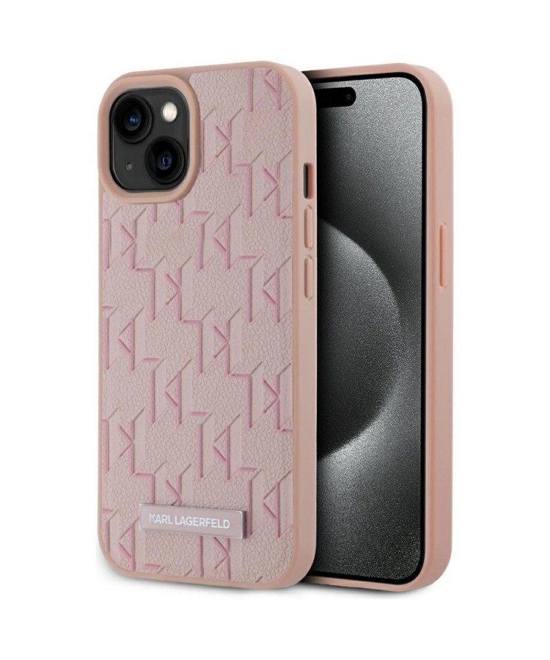 Karl Lagerfeld Leather Monogram Metal Logo MagSafe iPhone 15 Case - Pink