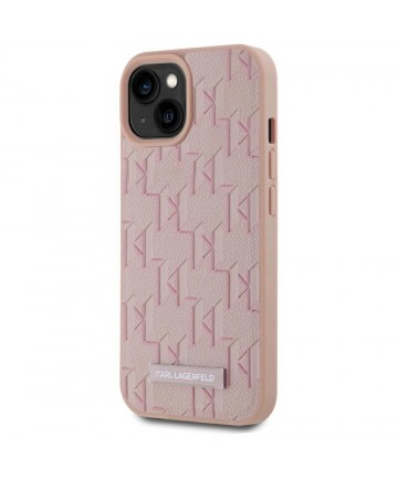 Karl Lagerfeld Leather Monogram Metal Logo MagSafe iPhone 15 Case - Pink