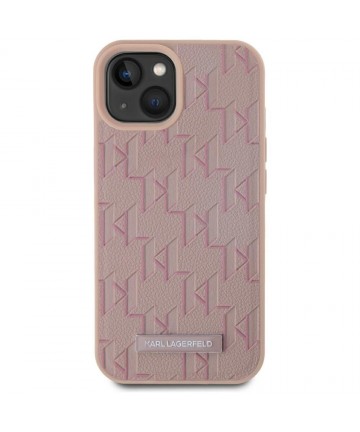 Karl Lagerfeld Leather Monogram Metal Logo MagSafe iPhone 15 Case - Pink