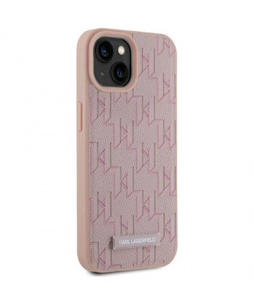 Karl Lagerfeld Leather Monogram Metal Logo MagSafe iPhone 15 Case - Pink