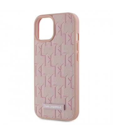 Karl Lagerfeld Leather Monogram Metal Logo MagSafe iPhone 15 Case - Pink