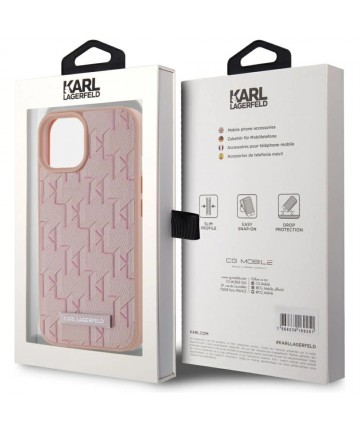 Karl Lagerfeld Leather Monogram Metal Logo MagSafe iPhone 15 Case - Pink