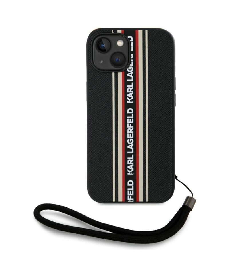 Karl Lagerfeld Saffiano Athleisure Stripes Cord iPhone 15 Case - Red
