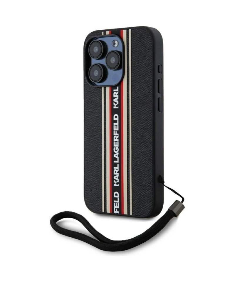 Karl Lagerfeld Saffiano Athleisure Stripes Cord iPhone 15 Pro Max Case - Red