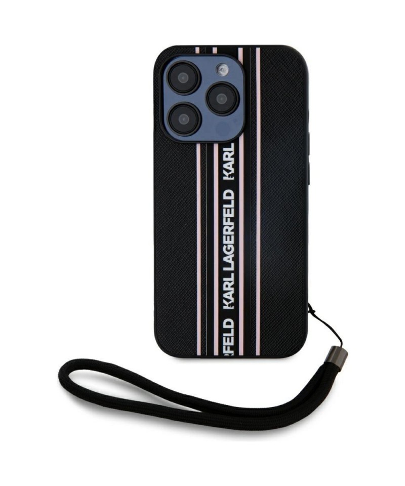 Karl Lagerfeld Saffiano Athleisure Stripes Cord iPhone 15 Pro Max Case - Pink