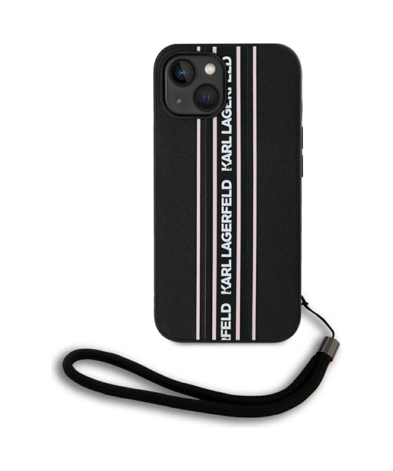 Karl Lagerfeld Saffiano Athleisure Stripes Cord iPhone 15 Case - Pink