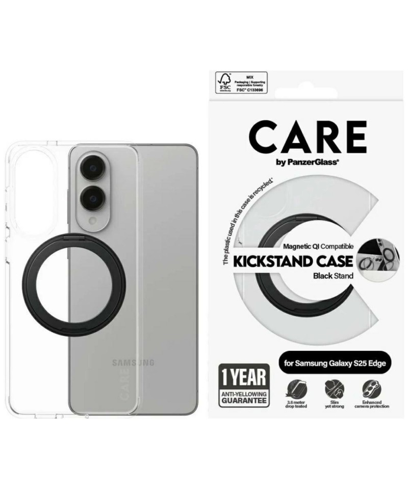 CARE by PanzerGlass Feature Black Kickstand & QI Case for Samsung Galaxy S25 Edge - Transparent