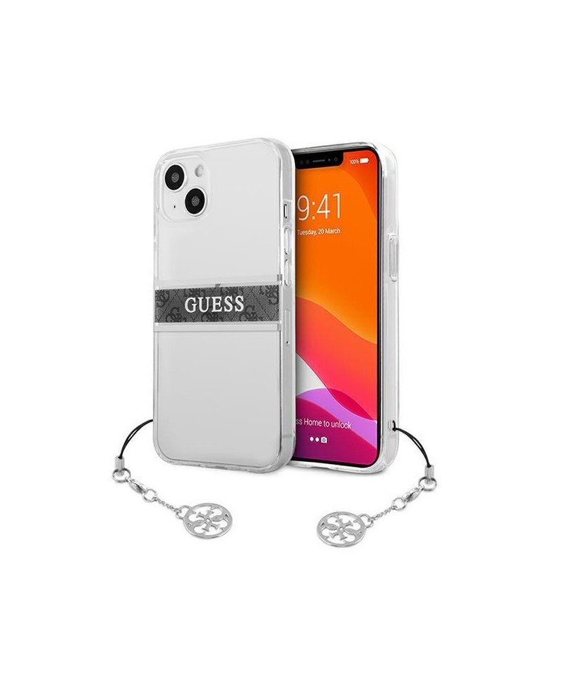 Guess GUHCP13SKB4GGR iPhone 13 mini 5.4" Transparent hardcase 4G Gray Strap Charm