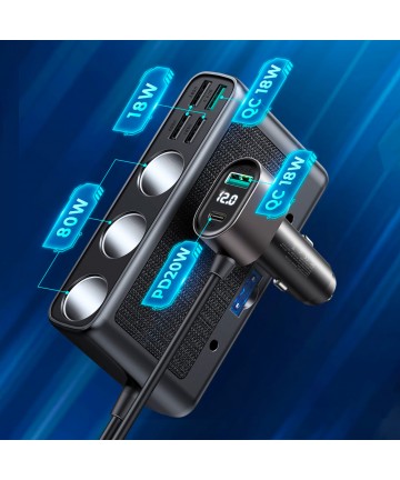 Joyroom JR-CL06 9in1 car charger 154W 5x USB-A / USB-C / 3x cigarette lighter socket PD QC PPS - black