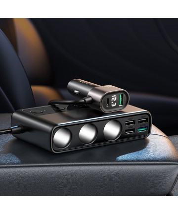 Joyroom JR-CL06 9in1 car charger 154W 5x USB-A / USB-C / 3x cigarette lighter socket PD QC PPS - black