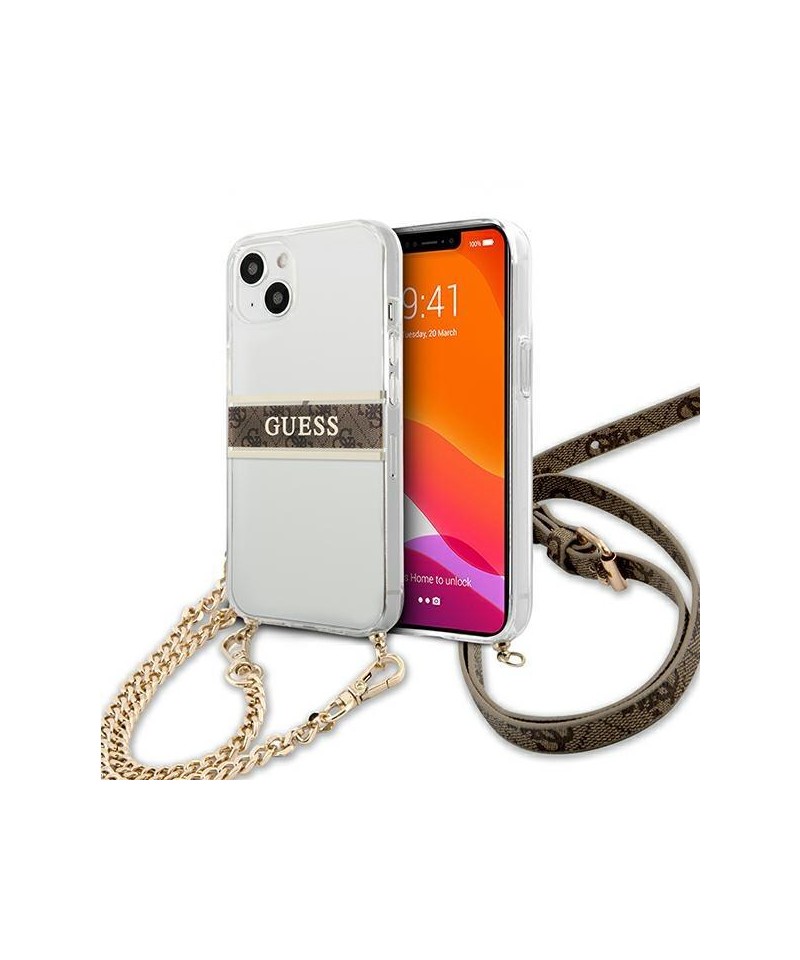 Guess GUHCP13SKC4GBGO iPhone 13 mini 5.4" Transparent hardcase 4G Brown Strap Gold Chain