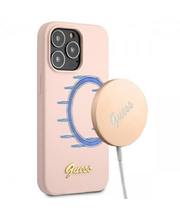 Guess GUHMP13LLSLMGLP iPhone 13 Pro / 13 6.1" light pink/light pink hardcase Silicone Script Gold Logo Magsafe