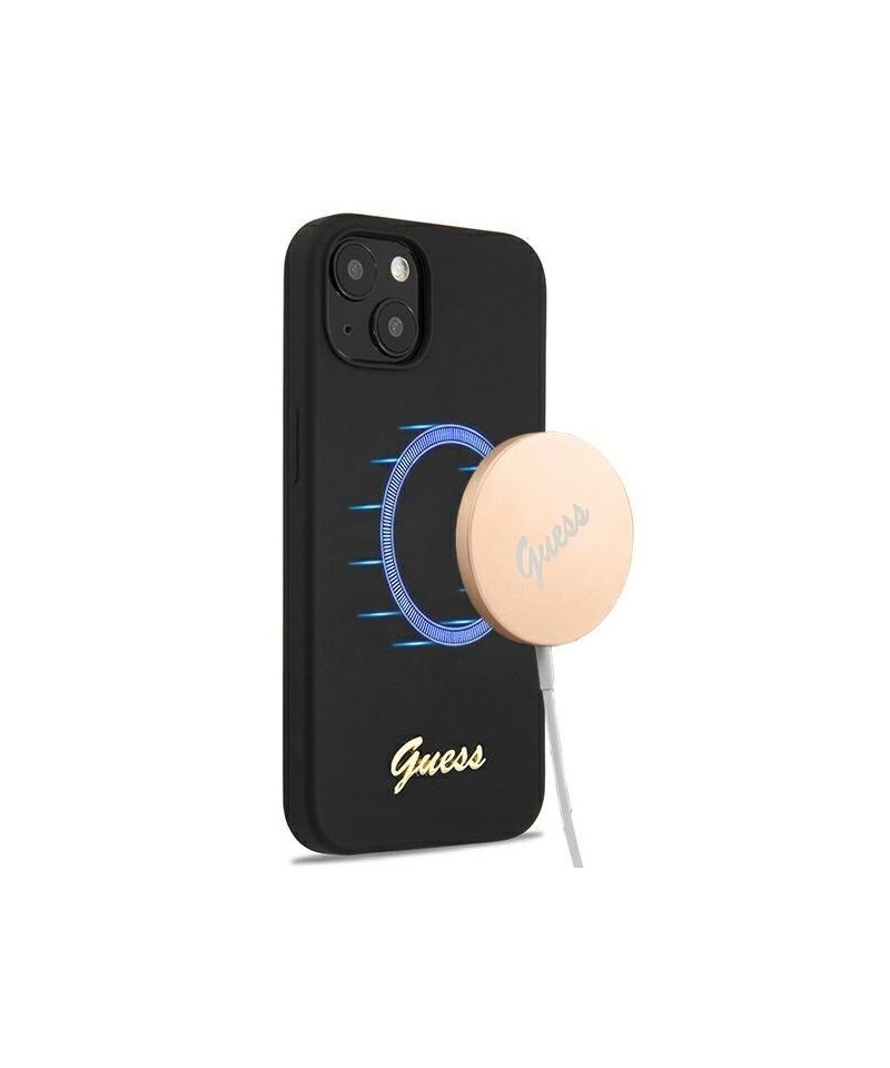 Guess GUHMP13MLSLMGBK iPhone 13 6.1" black/black hardcase Silicone Script Gold Logo Magsafe