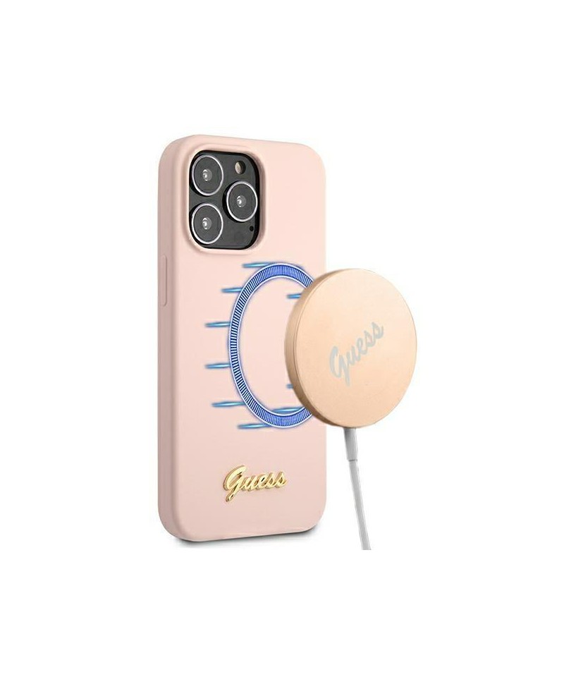 Guess GUHMP13XLSLMGLP iPhone 13 Pro Max 6.7" light pink/light pink hardcase Silicone Script Gold Logo Magsafe