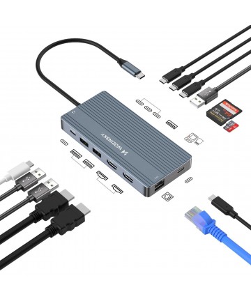 USB-C Hub 14 in 1 Wozinsky WDS03Y5S Multifunctional, Aluminum, for 3 Monitors, with 15 cm Cable - Gray