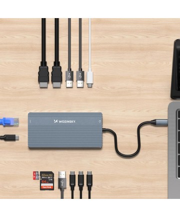 USB-C Hub 14 in 1 Wozinsky WDS03Y5S Multifunctional, Aluminum, for 3 Monitors, with 15 cm Cable - Gray