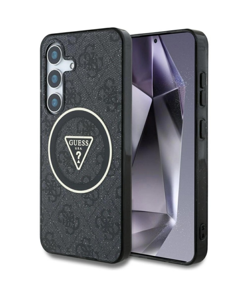 Guess 4G Glitter Triangle Buttons MagSafe Case for Samsung Galaxy S25 Plus Black