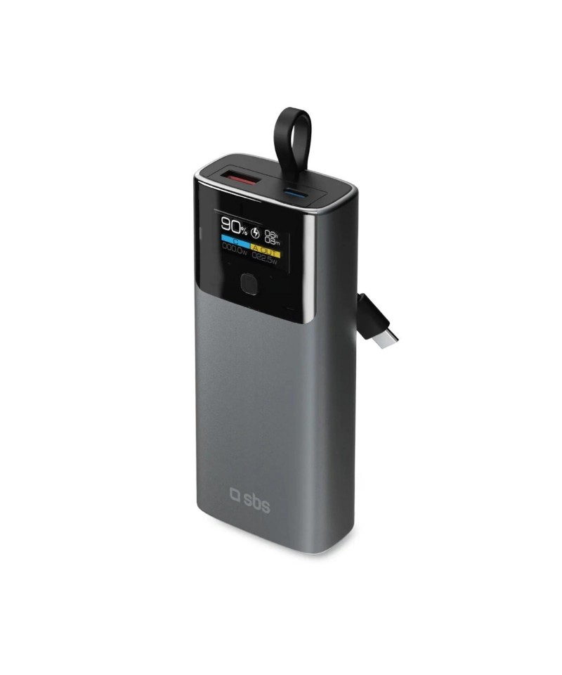 SBS 10000mAh PD 20W Powerbank with LCD Display and Built-in USB-C Cable - Gray