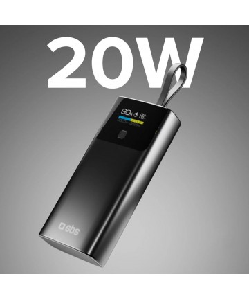SBS 10000mAh PD 20W Powerbank with LCD Display and Built-in USB-C Cable - Gray