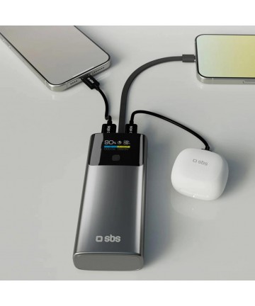 SBS 10000mAh PD 20W Powerbank with LCD Display and Built-in USB-C Cable - Gray