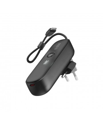 SBS Hybrid PD 20W 5000mAh Power Bank with Built-in Cable and Foldable Plug - Black