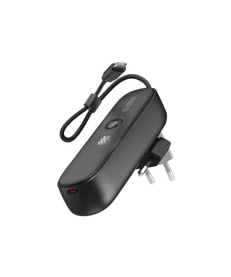SBS Hybrid PD 20W 5000mAh Power Bank with Built-in Cable and Foldable Plug - Black
