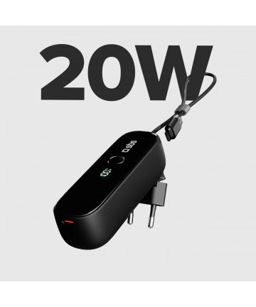 SBS Hybrid PD 20W 5000mAh Power Bank with Built-in Cable and Foldable Plug - Black
