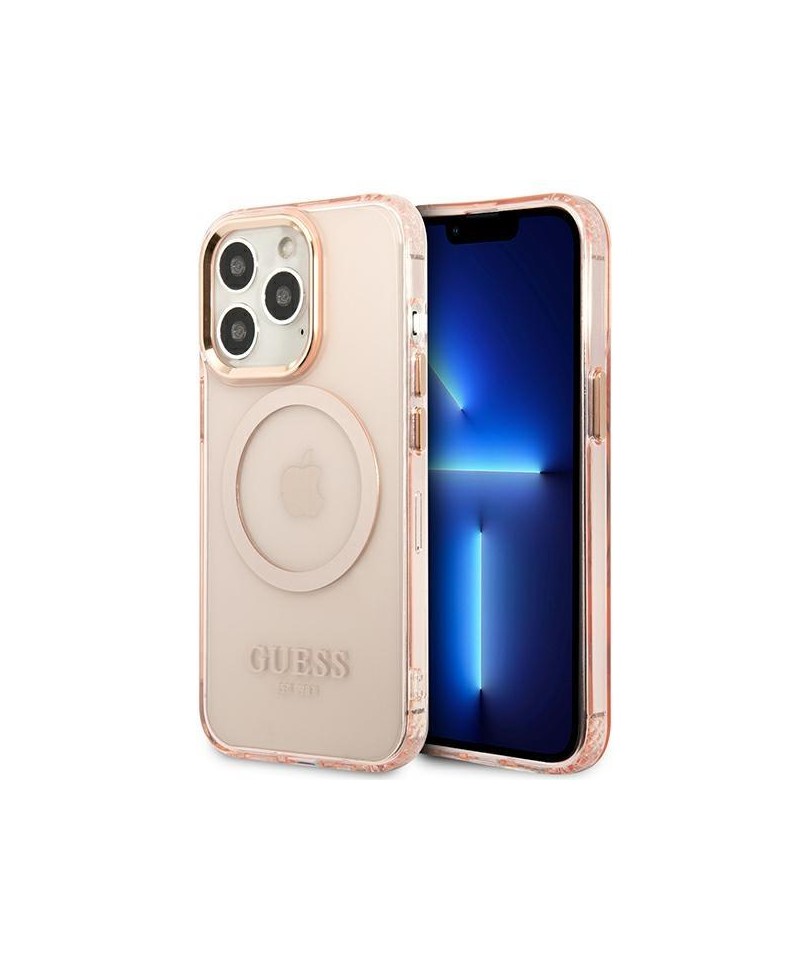 Guess Gold Outline Translucent MagSafe case for iPhone 13 Pro Max - pink