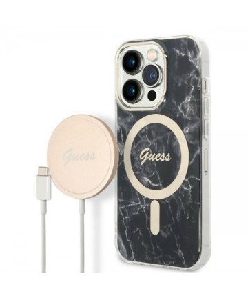 Set Guess GUBPP14LHMEACSK Case+ Charger iPhone 14 Pro 6.1" black/black hard case Marble MagSafe