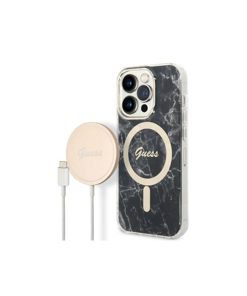 Set Guess GUBPP14LHMEACSK Case+ Charger iPhone 14 Pro 6.1" black/black hard case Marble MagSafe