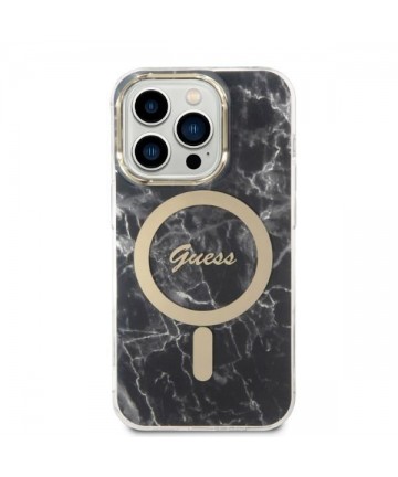 Set Guess GUBPP14LHMEACSK Case+ Charger iPhone 14 Pro 6.1" black/black hard case Marble MagSafe