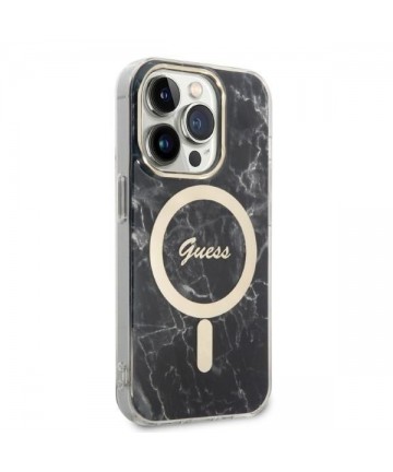 Set Guess GUBPP14LHMEACSK Case+ Charger iPhone 14 Pro 6.1" black/black hard case Marble MagSafe