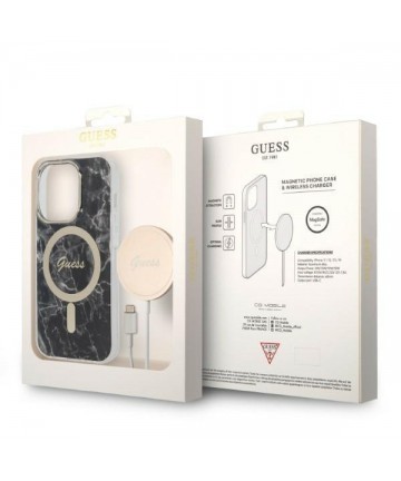 Set Guess GUBPP14LHMEACSK Case+ Charger iPhone 14 Pro 6.1" black/black hard case Marble MagSafe