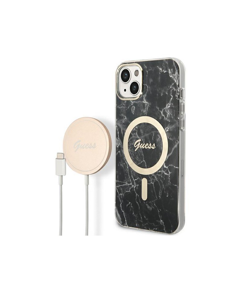 Set Guess GUBPP14SHMEACSK Case+ Charger iPhone 14 6.1" black/black hard case Marble MagSafe