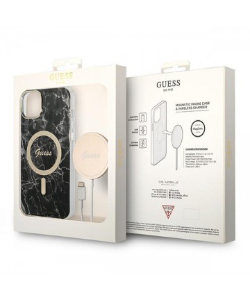 Set Guess GUBPP14SHMEACSK Case+ Charger iPhone 14 6.1" black/black hard case Marble MagSafe