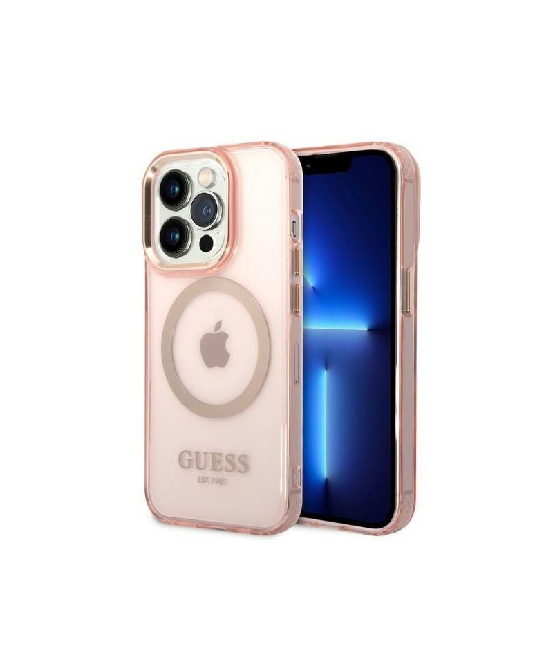 Guess GUHMP14LHTCMP iPhone 14 Pro 6.1" pink/pink hard case Gold Outline Translucent MagSafe