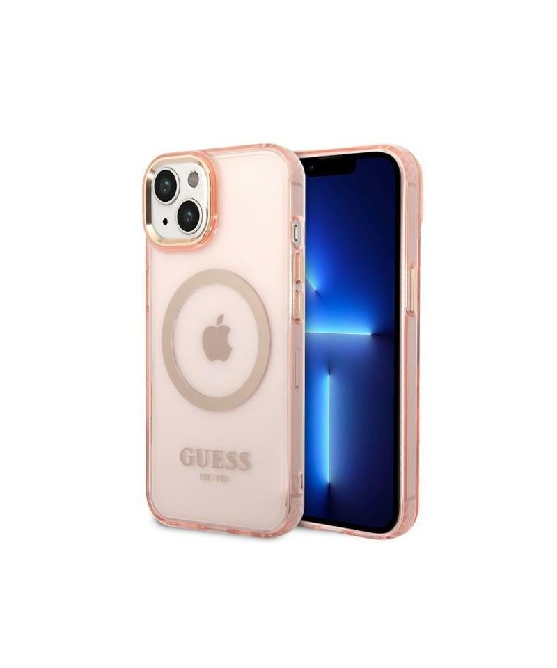 Guess GUHMP14MHTCMP iPhone 14 Plus 6.7" pink/pink hard case Gold Outline Translucent MagSafe