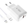 Tech-Protect NCA20 PD 20W QC3.0 USB-A / USB-C Wall Charger + USB-C / Lightning Cable 100cm - White