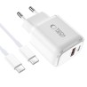 Tech-Protect NCA20 PD 20W QC3.0 USB-A / USB-C Wall Charger + USB-C / USB-C Cable 100cm - White