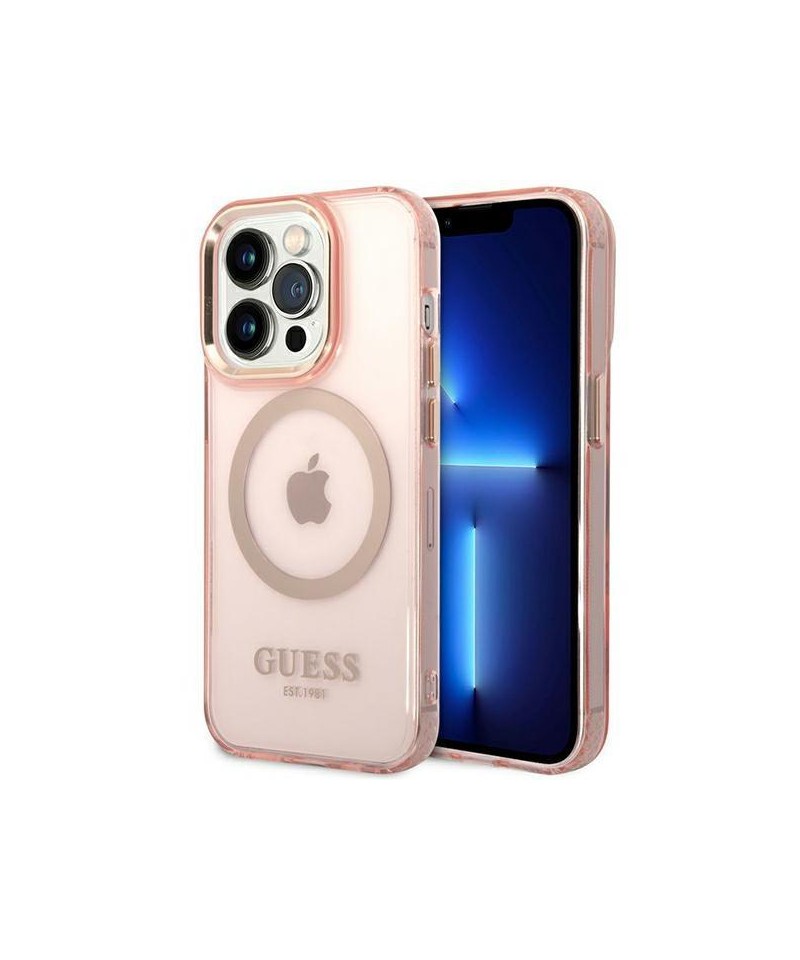 Guess GUHMP14XHTCMP iPhone 14 Pro Max 6.7" pink/pink hard case Gold Outline Translucent MagSafe